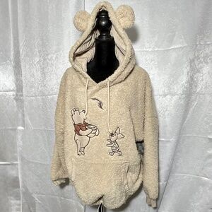 Disney Winnie the Pooh Piglet Sherpa Hoodie L Teddy Bear Ears Fleece NWT